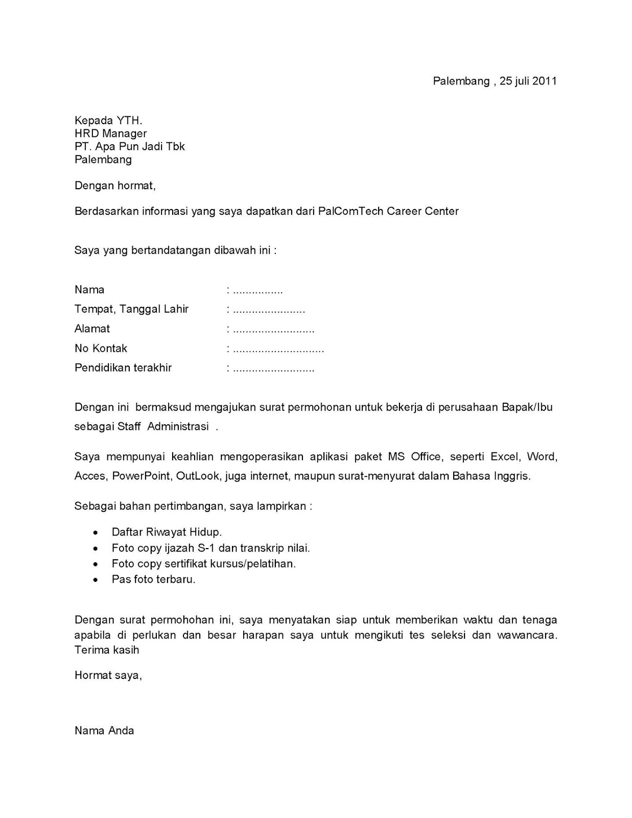 9 Contoh Surat Lamaran Kerja Formal - ben jobs