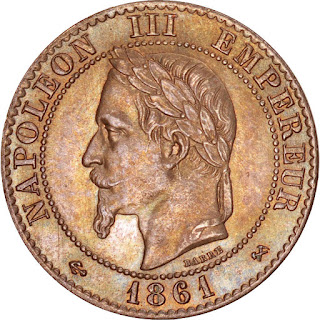 French Coins 2 Centimes 1861 Napoleon III Laureate Head