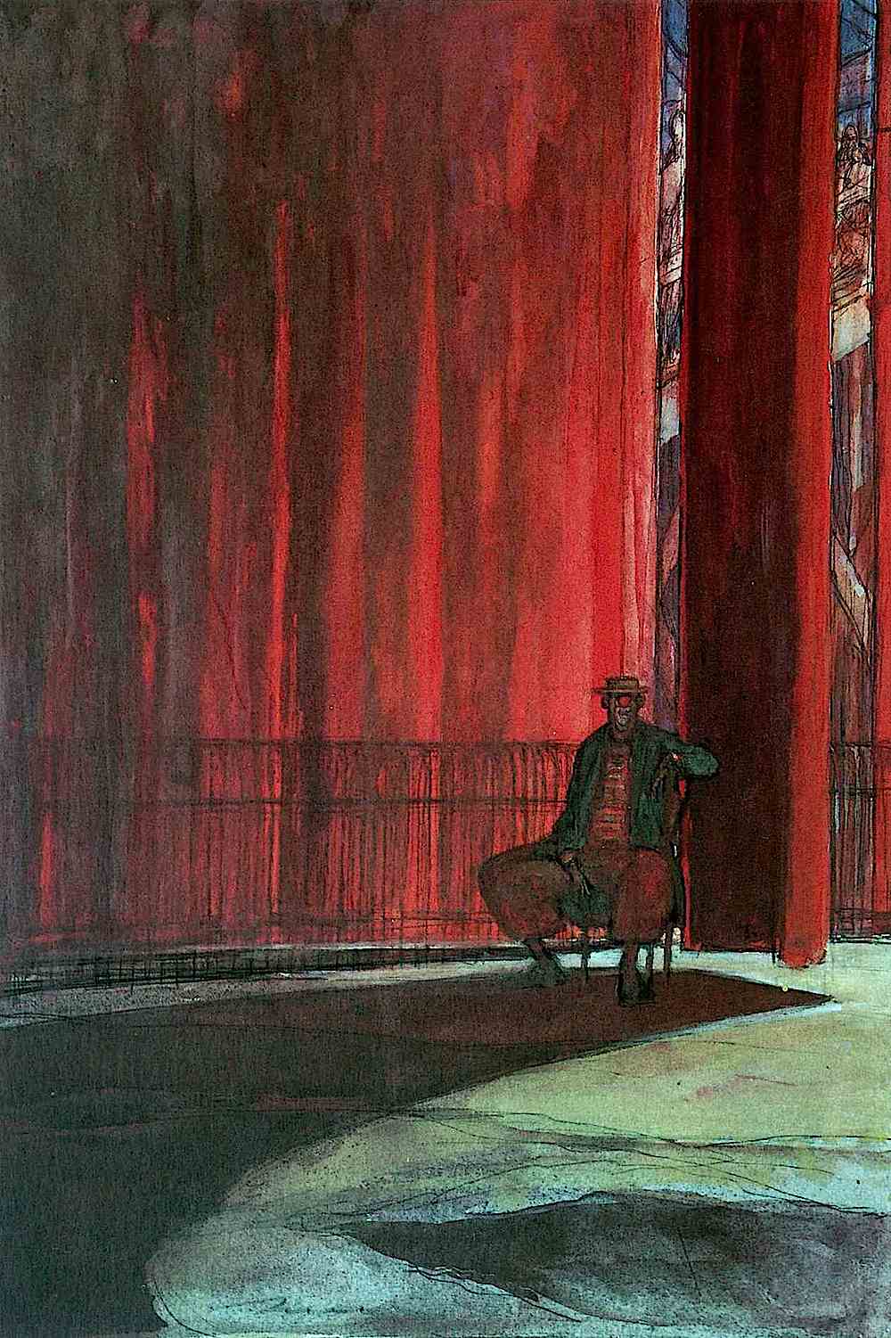 a Wilhelm M. Busch illustration of a clown sitting back-stage behind giant curtains