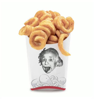 a box of curly fries, with an image of Einstein