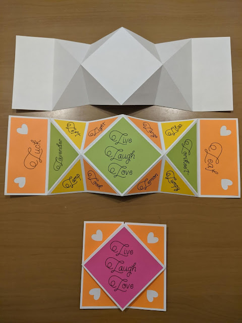 photo of three cards; the first is a folded base, the second is a final unfolded, the third is a final that is folded