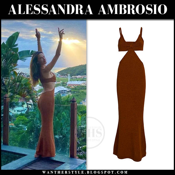 Alessandra Ambrosio in brown knit maxi dress