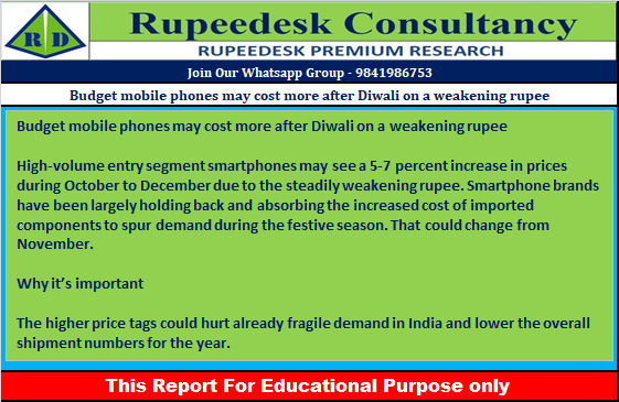 Budget mobile phones may cost more after Diwali on a weakening rupee - Rupeedesk Reports - 18.10.2022