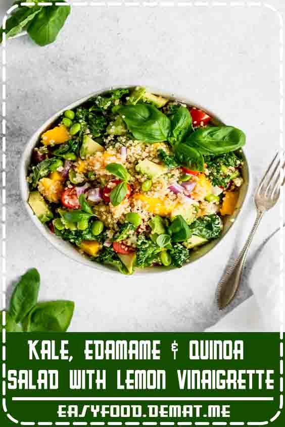 Kale, edamame, quinoa salad with sweet lemon vinaigrette. Packed with juicy mango, tomatoes, heart healthy avocado, nutty quinoa and crunchy kale. This salad is perfect for parties or for packing for lunch. #quinoa #quinoasalad #kale #saladrecipe #vegetarian #glutenfree #mealprep#Beans#Edamame