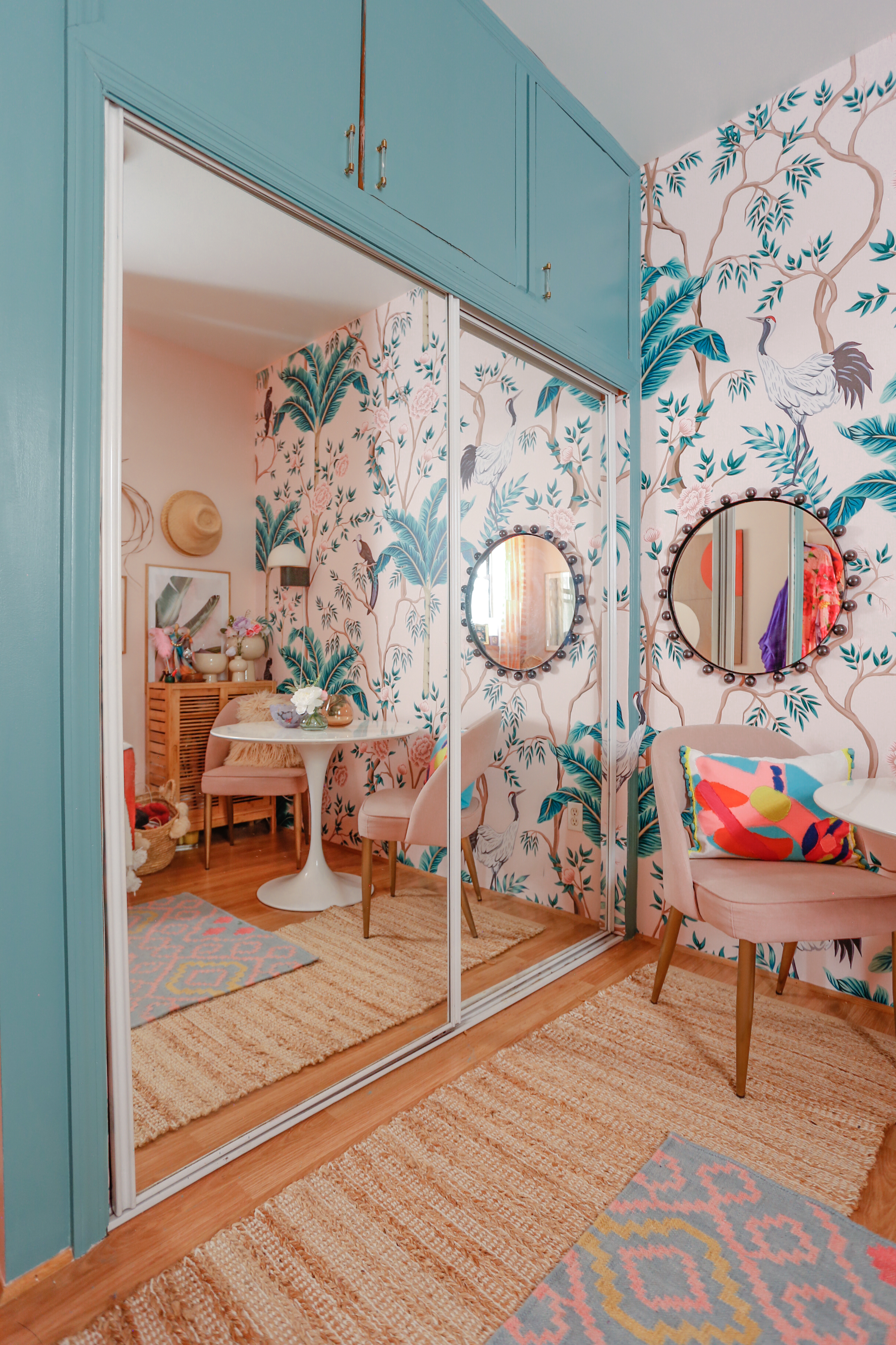 Clare Vacay // Pink and Green Office // Best Blue Green Paint // Pink and Green Chinoiserie Mural // Chinoiserie Wallpaper // Home Office Decor // Colorful Home Office // Pink and Green Home Office // Home Office Decor // Home Office Inspo // Home Office Colors // Megan Zietz Home Office // Maximalist Home Office // Green and Pink Office Ideas // Closet Makeover