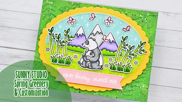 Sunny Studio Stamps: Spring Greenery Card by Marine Simon (featuring Spring Scenes, Bear Hugs, Stitched Oval Dies, Scalloped Oval Mat Dies)