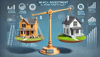 A comparison of two investment options: On the left, a house under renovation representing house flipping. On the right, a well-maintained rental property symbolizing rental income. In the center, a scale balancing both investments, signifying a profitability comparison.