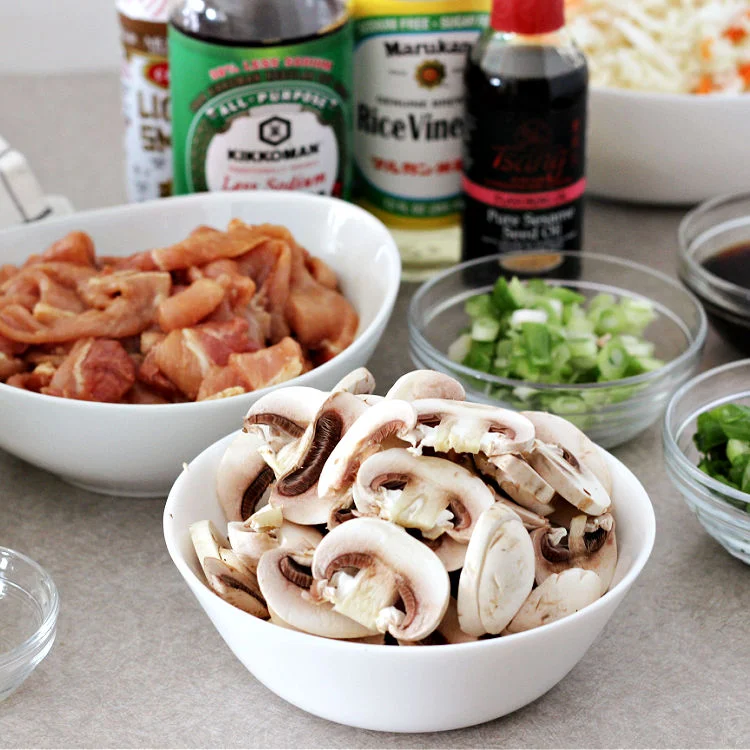 Ingredients for quick and easy pork and cabbage stir fry bowls