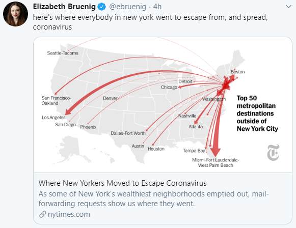 Elizabeth Bruenig (via Twitter): Where New Yorkers Moved to Escape Coronavirus