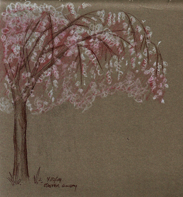 Here I scribbled in the white very loosely to create these cherry blossoms