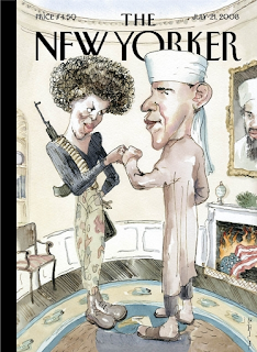 The New Yorker Cover of President Obama FistBumping Michelle Obama.  Source: https://upload.wikimedia.org/wikipedia/en/6/60/New_Yorker_magazine_Politics_of_Fear.png