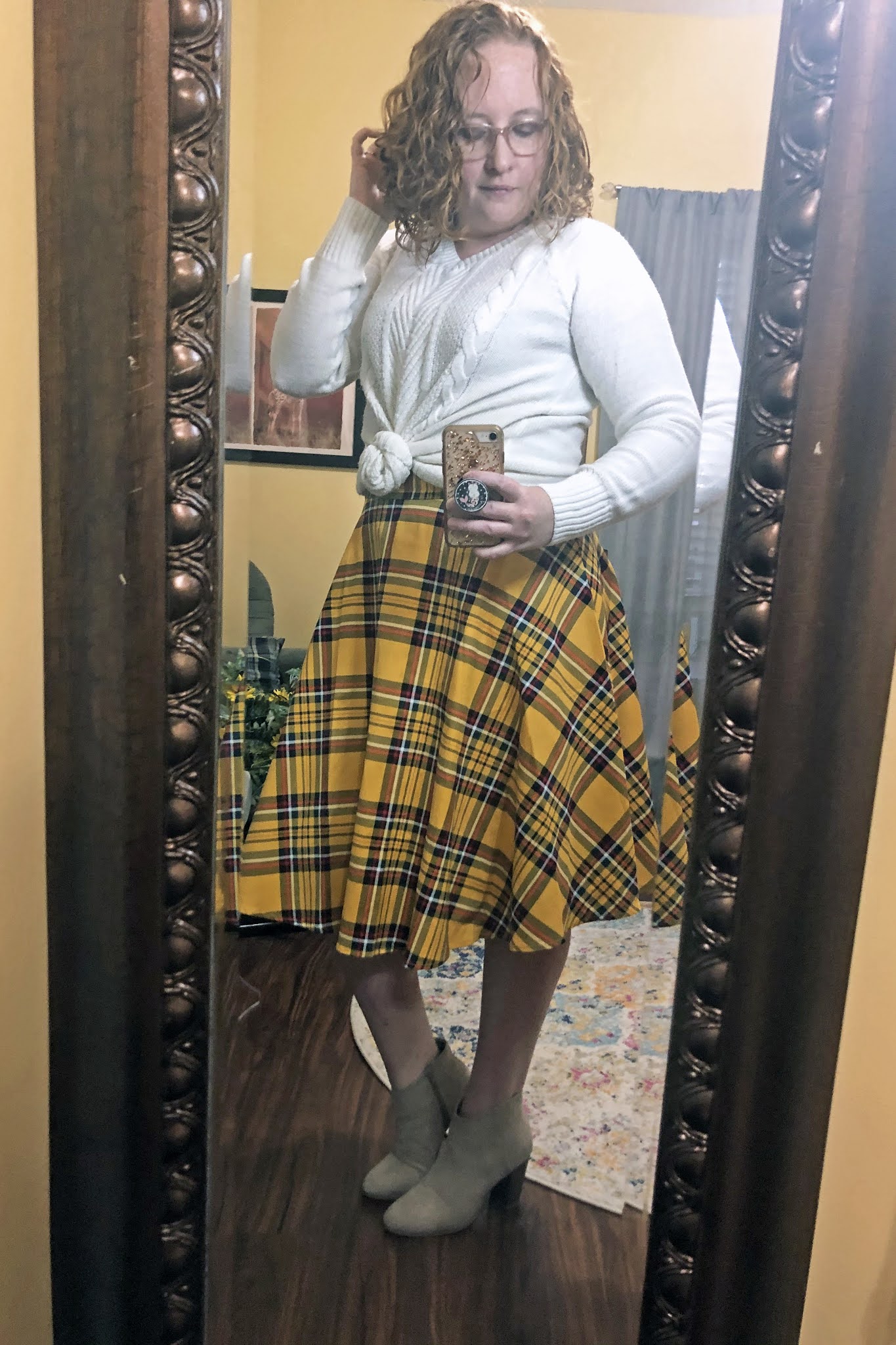 yellow plaid midi skirt