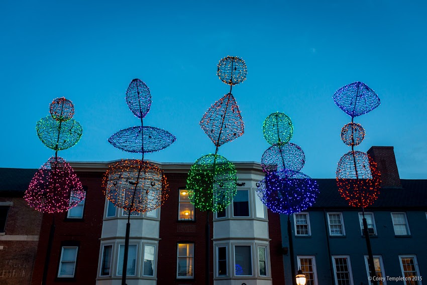 Portland, Maine USA December 2015 photo by Corey Templeton. Pictured today are the light sculptures in Boothby Square by local artist Pandora LaCasse.