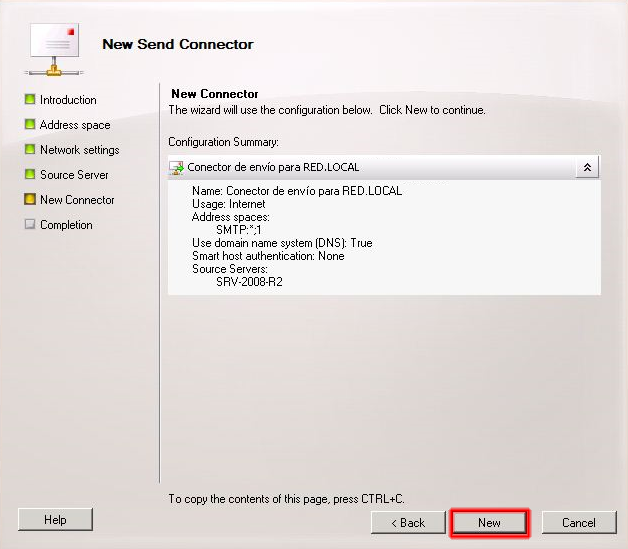 Apartado configuration summary del asistente conector de envío.