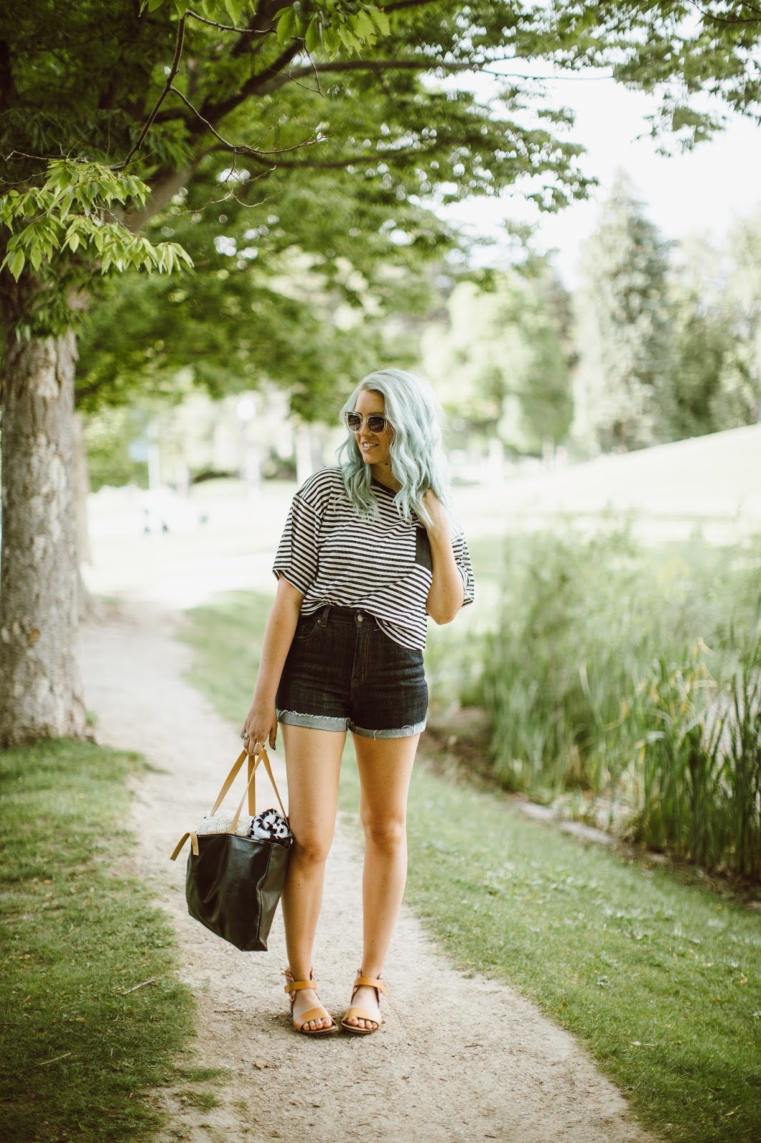 Lake Outfit, Striped Shirt, Mint Hair, Utah Fashion Blogger