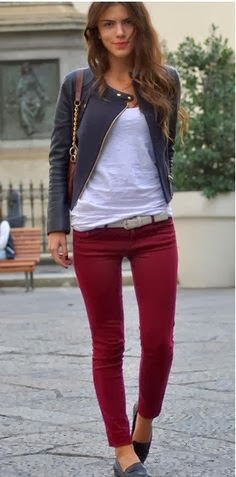 Fall Outfit With Burgundy Jeans and Black Jacket