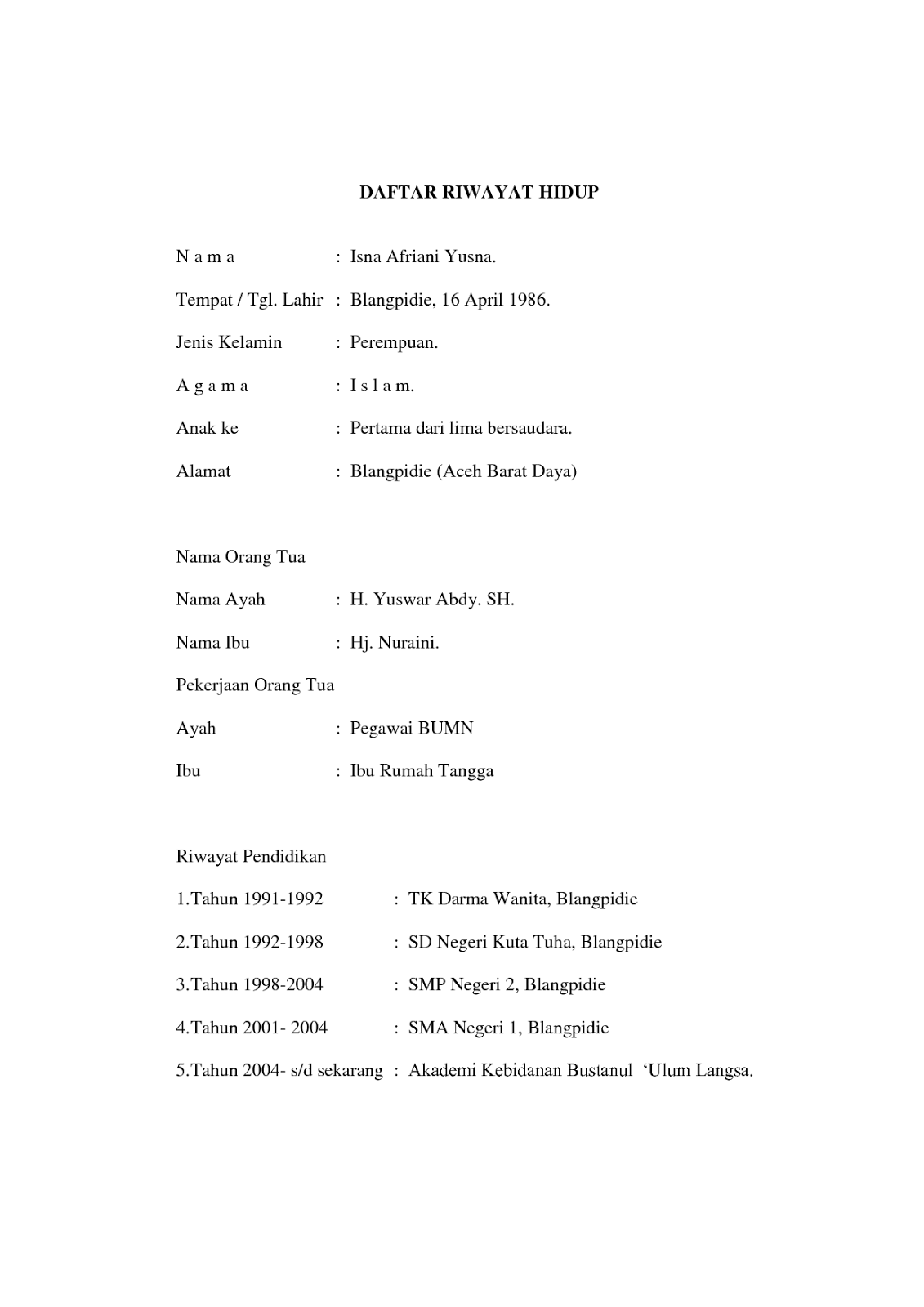 Format daftar riwayat hidup tulis tangan 10 daftar riwayat 