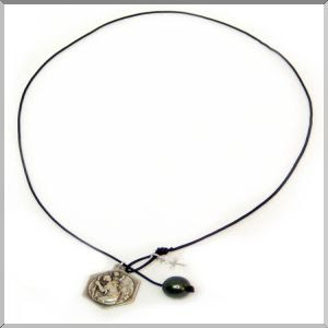 Tahitian Pearl on black leather emn's rex necklace adorned with vinatge medals