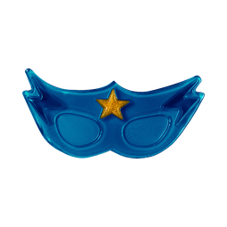 A mask shaped blue eye pad with dark blue piping and a gold star on it on a bright background