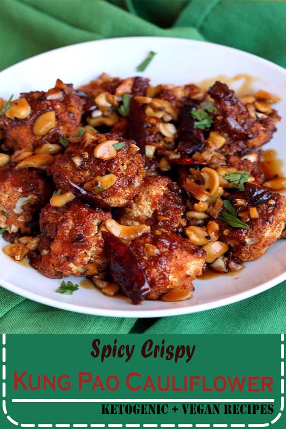 Crispy Kung Pao Cauliflower. Cauliflower battered and baked and tossed in spicy kung pao sauce. Super hot Appetizer for gameday. Vegan Recipe. Can be gluten-free with gluten-free breadcrumbs. Double the kung pao sauce for larger cauliflower or to serve over rice.