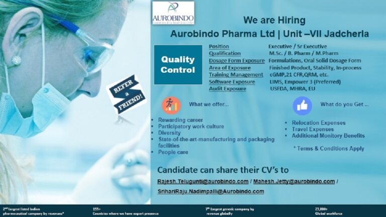 Job Availables,Aurobindo Pharma Ltd Job Vacancy For M.Sc./B. Pharm / M.Pharm