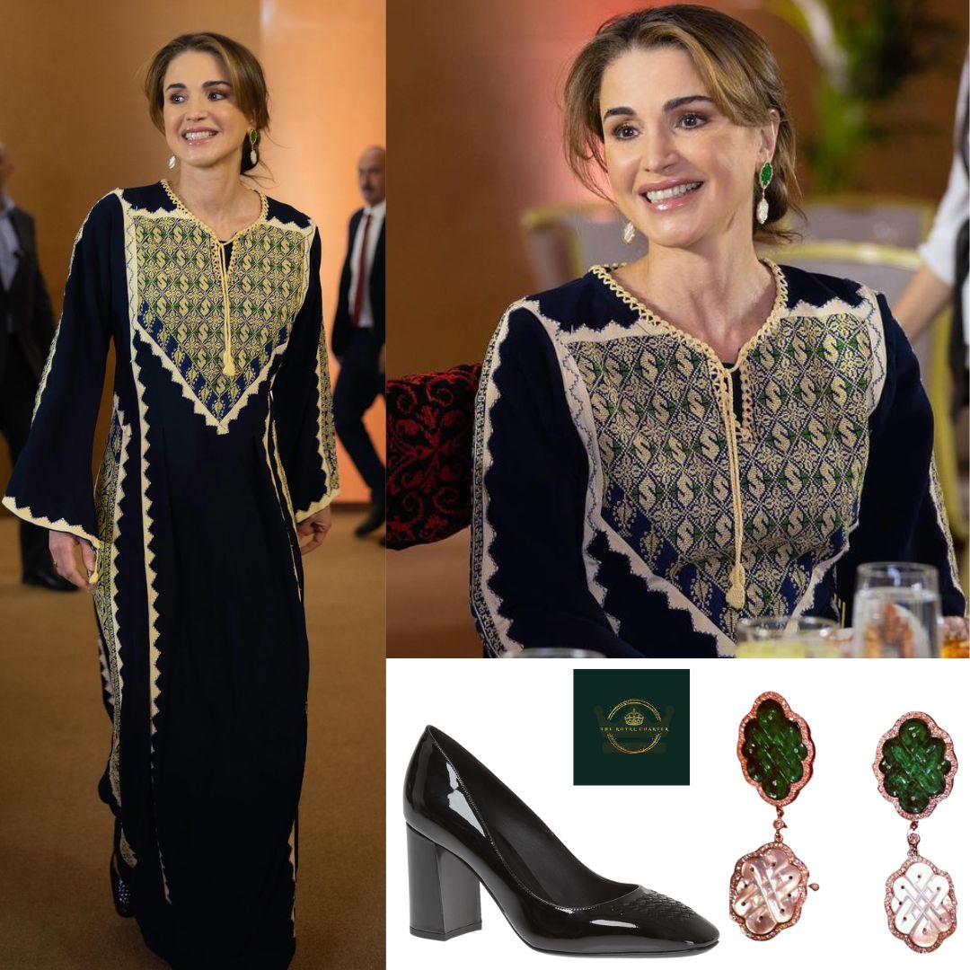 For the visit to Al Zarqa Queen Rania was wearing a gorgeous traditional embroidered thoub in black with her Tiigan infinity carved jade and mother of pearl earrings and Bottega Veneta Nero Intrecciato weave black leather pumps.