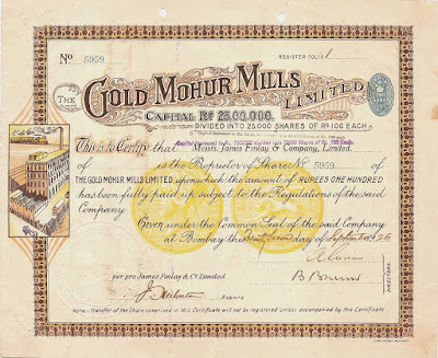 1926 share certificate from The Gold Mohur Mills, Bombay