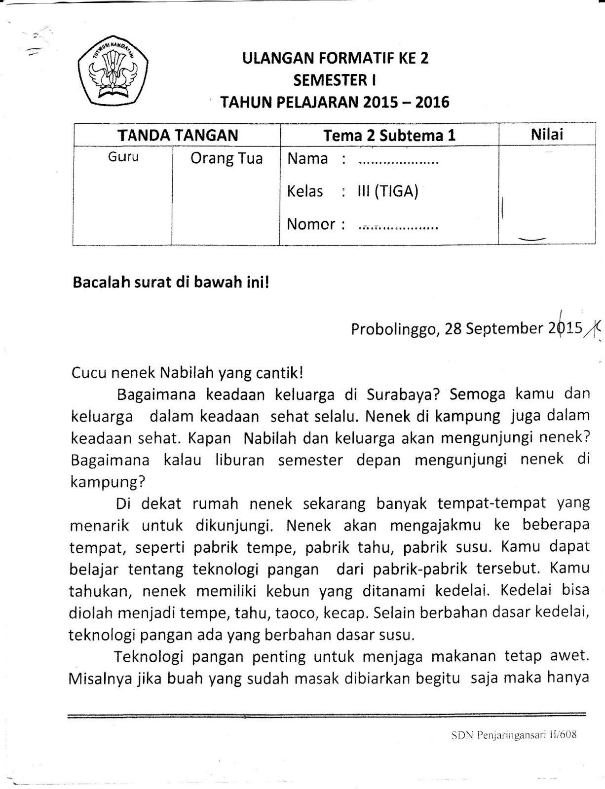 Formatif 2 Tema 2 SubTema 1 SD Kelas 3 Semester Ganjil TA 2015 2016 Kurikulum 2013