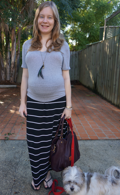asos grey tee target black white stripe maxi skirt worn in third trimester