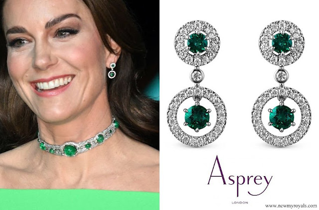 Princess of Wales Asprey London emerald and diamond halo earrings mounted in platinum