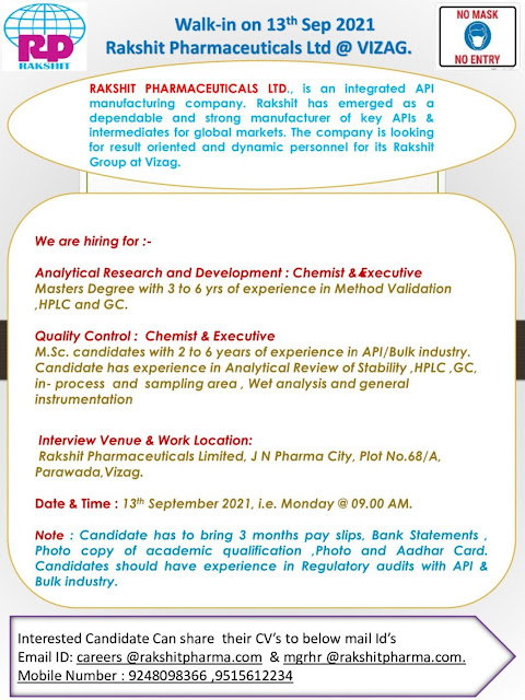 Job Availables, Rakshit Pharmaceuticals Ltd – Walk-In Interview for AR&D/ Quality Control