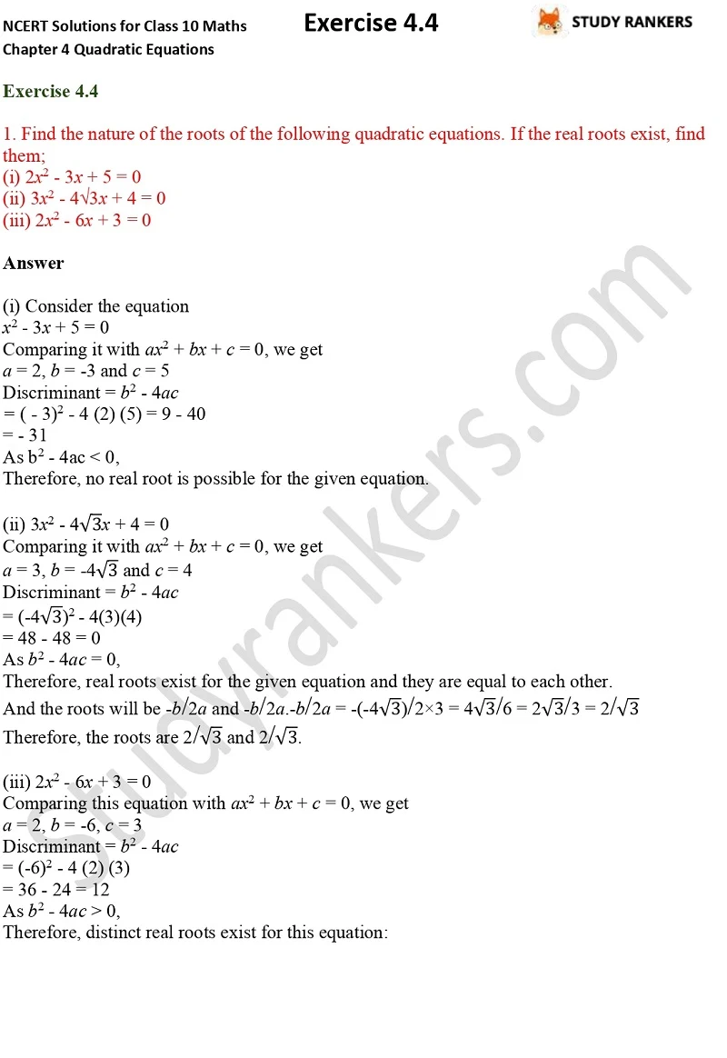 NCERT Solutions for Class 10 Maths Chapter 4 Quadratic Equations Exercise 4.4 Part 1