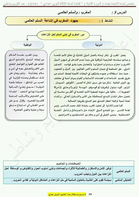 ملخصات شاملة دروس الاجتماعيات الثالثة اعدادي الأسدس الثاني