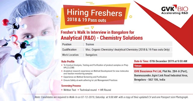 GVK bio | Walk-in for Freshers on 7 Dec 2019 | Pharma Jobs in Hyderabad