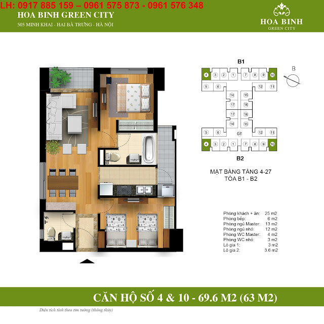 Căn hộ số 4 và 10 - 69.6m2 hòa bình green city