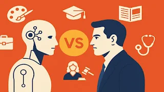 Ilustrasi AI dan manusia saling berhadapan dengan ikon berbagai profesi di latar belakang, menggambarkan persaingan pekerjaan di era kecerdasan buatan.