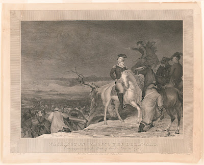 This print, made 50 years after the Revolutionary War, shows General George Washington on his horse, watching as his men prepare to cross the Delaware River and attack Trenton, New Jersey.
