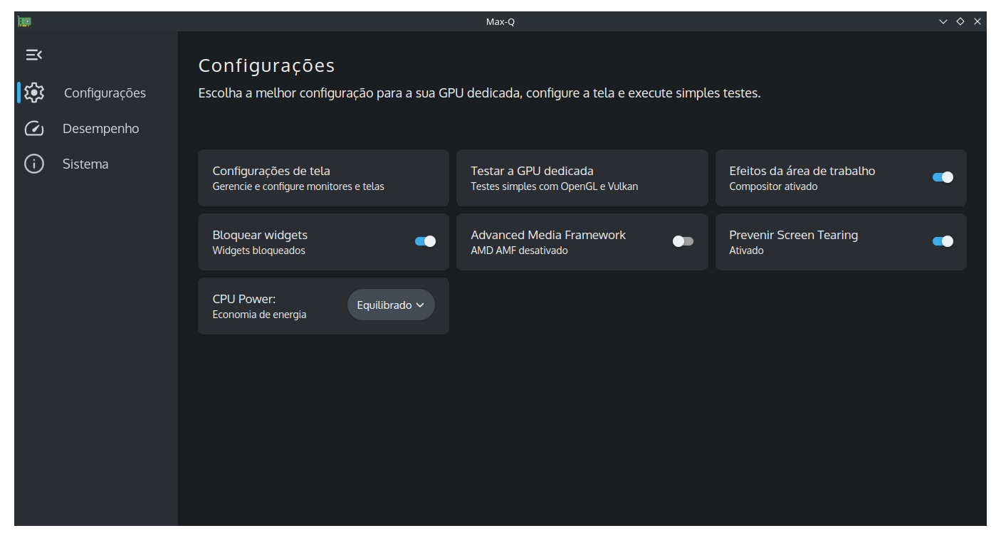 Sessão de configurações do aplicativo Max-Q do Regata OS