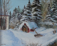 Shoveler's break, 10 x 12 oil painting by Clemence St. Laurent - beagle resting in doghouse, exhausting from running around indicating where to shovel the snow