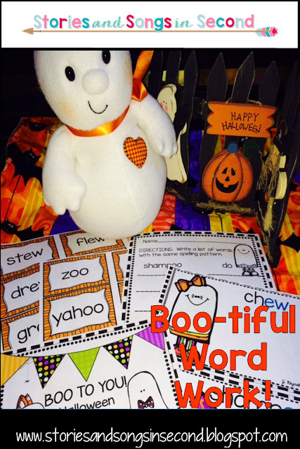 Imagine a ghost that cannot say "Boo!" Your students will love sorting and writing with words that rhyme like clue, goo, shampoo, and flew with this spook-tacular resource pack!