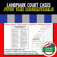 Landmark Supreme Court Cases Outline Notes, Civics Test Prep, Civics Test Review,Civics Study Guide, Civics Summer School Outline, Civics Unit Reviews, Civics Interactive Notebook Inserts