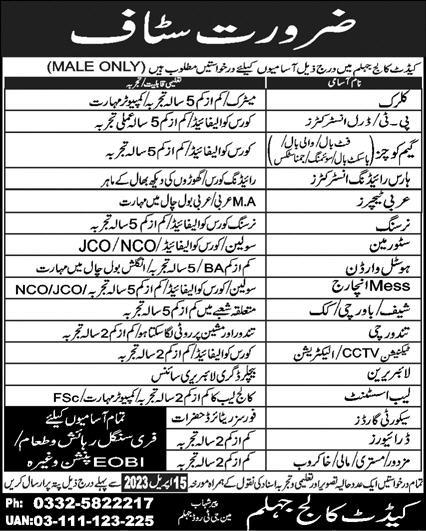 Cadet College Jhelum Non Teaching Jobs 2023