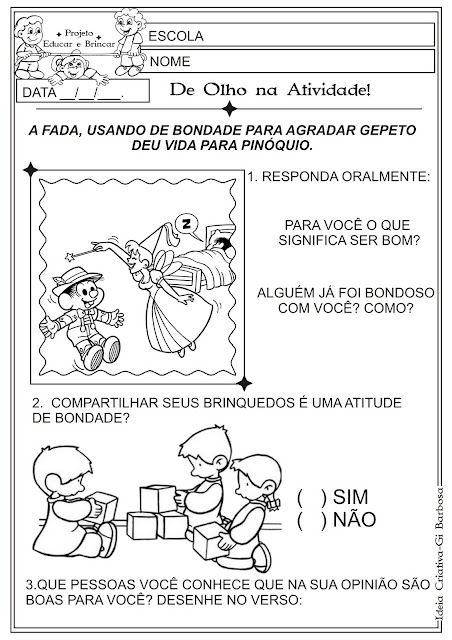 Atividade Conto Pinóquio Valores