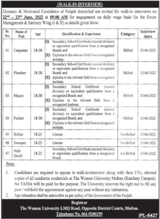 Latest The Women University Multan Education Posts Multan 2022