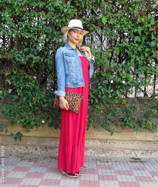 StrawFedora+DenimJacket+MaxiDress+WedgeEspadrilles+LeopardClutch+SideBraid+RedLips - Lilli Candy and Style Fashion Blog