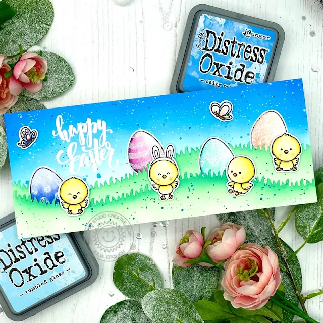 Sunny Studio Stamps: Eggs To Dye For Chickie Baby Slimline Dies Easter Card by Julia Englich