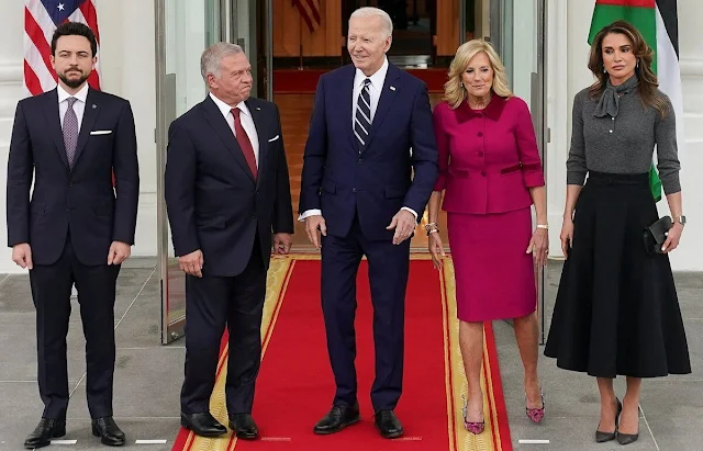 Queen Rania wore a grey cashmere sweater by Christian Dior, First Lady Jill Biden wore a fuchsia jacket suit by Chanel