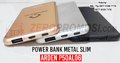 Powerbank Arden 5000 mAH P50AL06, Power Bank Metal Slim Iphone 5000 Mah P50al06, Powerbank 5000 mAH P50AL06 yang tersedia dalam 3 warna: Hitam, Perak dan Emas