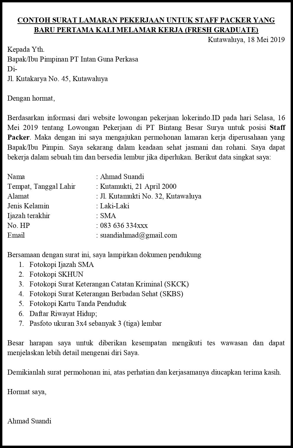 Contoh Surat Lamaran Pekerjaan Untuk Manufaktur Dan Gudang ...