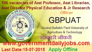 GBPUAT RECRUITMENT 2015 FACULTY VACANCIES